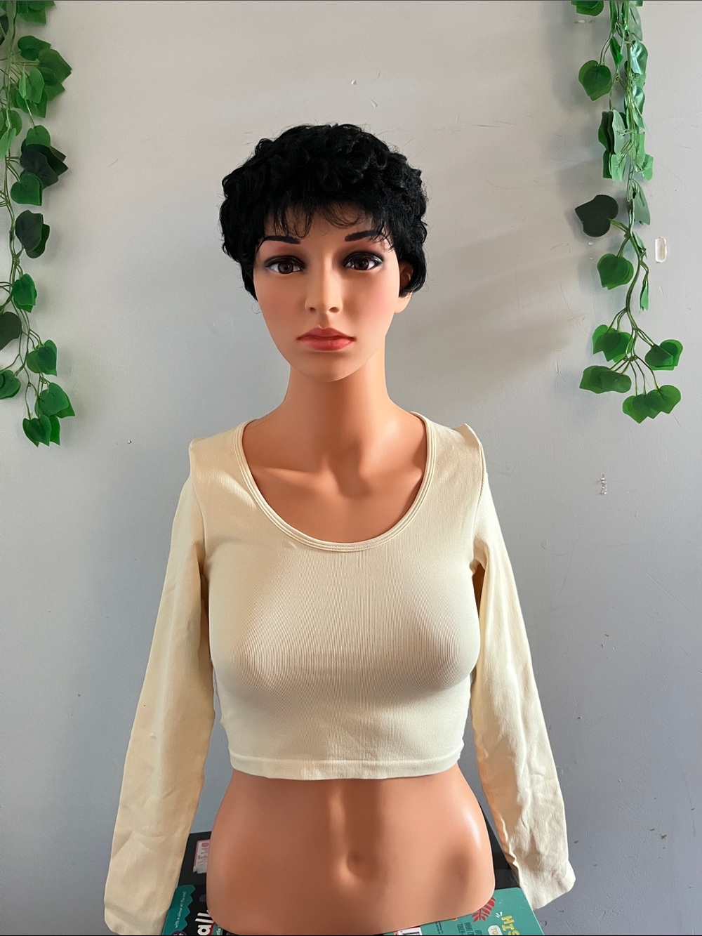Women's Cream Long-Sleeve Scoop-Neck Crop Top